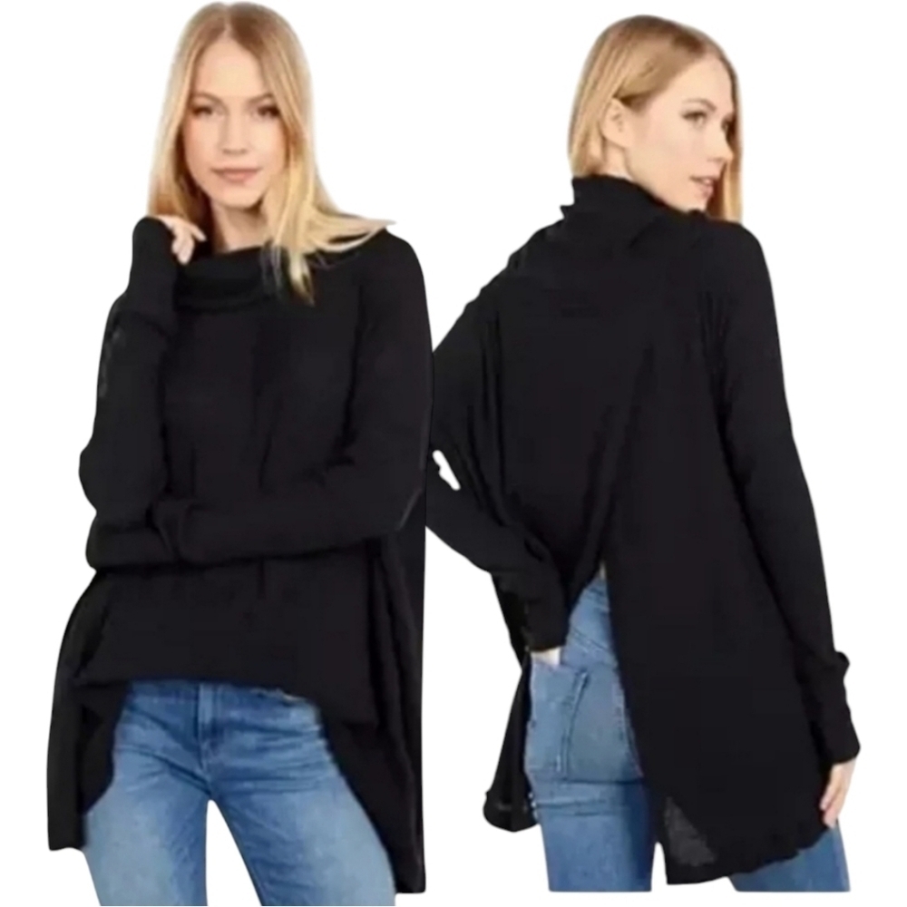 Free People Juicy Oversized Cowl Neck Waffle Knit Tunic in Black•NWOT•M•